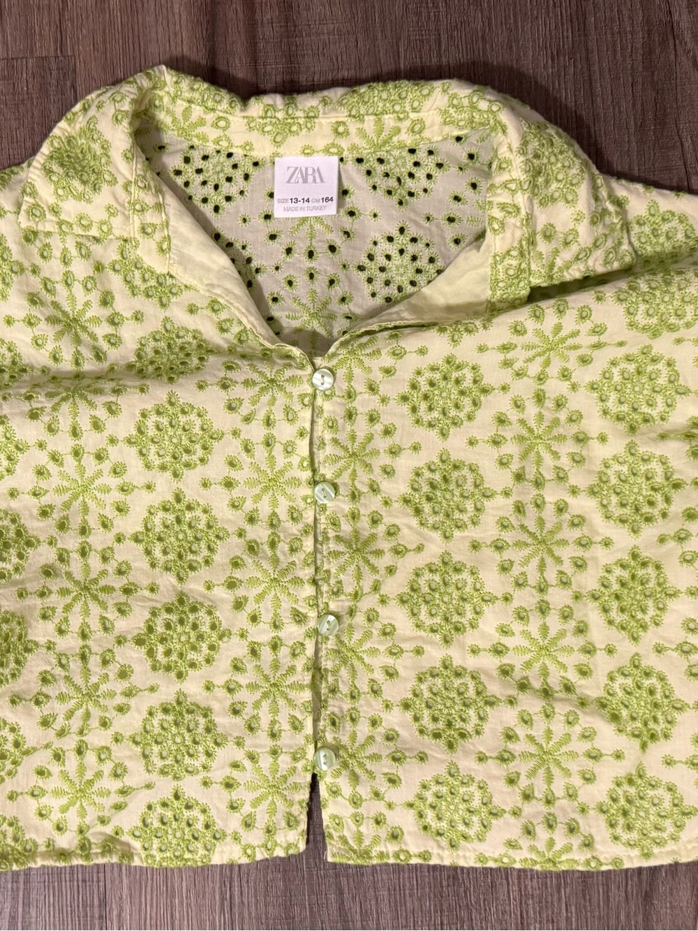 ZARA Cream Button-Up Shirt with Light Green Embroidered Pattern